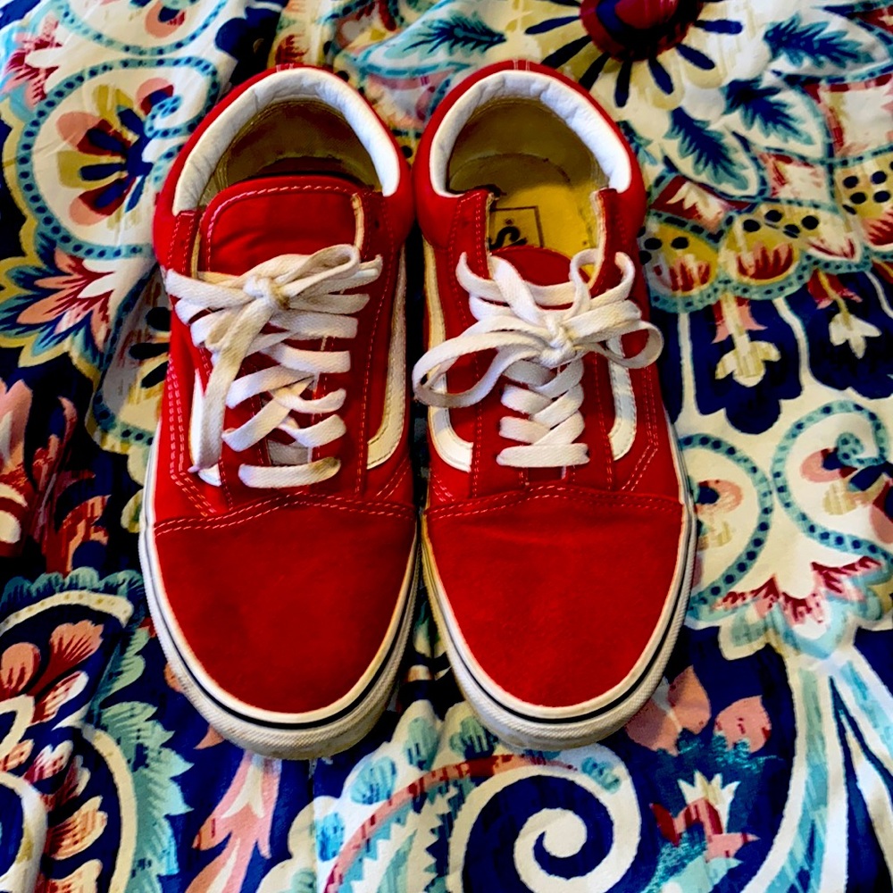Red and white low cut vans